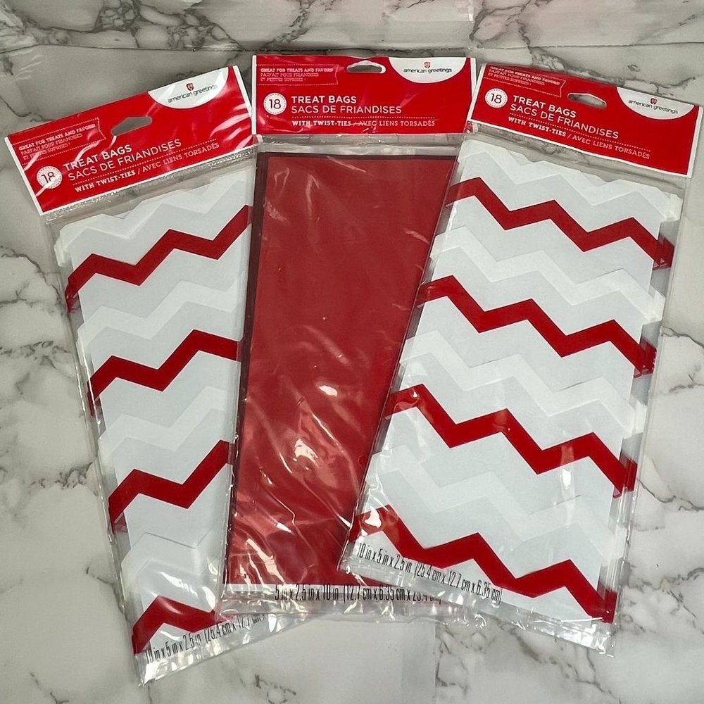 Lot of 3 Red White Chevron 18 Pk 5"x10" Cello Treat Bags Gift Bag Sacks Ties NEW